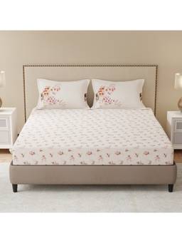 Boutique Living - Gardenia Augusta Cotton White Floral Bedsheet with Pillow Covers (King)