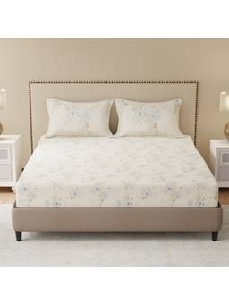 Boutique Living - Gardenia Augusta Cotton White & Blue Floral Bedsheet with Pillow Covers (King)