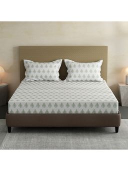 Layers - Cotton Green and White Floral Fitted Bedsheet with 2 Pillow Covers (King)