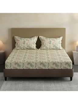 Layers - Lumina Floret Cotton Cream & Green Floral Fitted Bedsheet with 2 Pillow Covers (King)