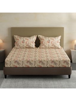 Layers - Lumina Floret Cotton Beige Floral Fitted Bedsheet with 2 Pillow Covers (King)