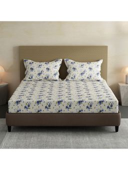 Layers - Lumina Floret Cotton Blue Floral Fitted Bedsheet with 2 Pillow Covers (King)