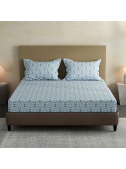 Layers - Lumina Floret Cotton Blue Floral Fitted Bedsheet with 2 Pillow Covers (King)