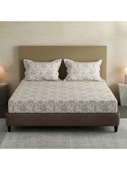 Layers - Lumina Floret Cotton Off White Floral Fitted Bedsheet with 2 Pillow Covers (King)