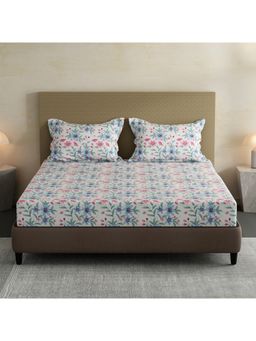 Layers - Lumina Floret Cotton Blue Floral Fitted Bedsheet with 2 Pillow Covers (King)