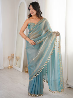 Sareemall - Women Satin Light Blue Solid Designer Saree With Unstitched Blouse