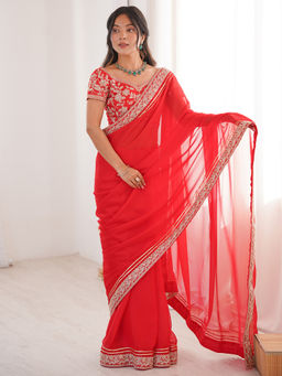 Sareemall - Women Georgette Red Embellished Designer Saree With Unstitched Blouse