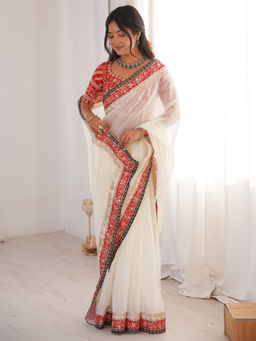 Sareemall - Women Satin White Embellished Designer Saree With Unstitched Blouse