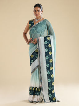 Sareemall - Women Paper Silk Light Blue Embellished Designer Saree With Unstitched Blouse