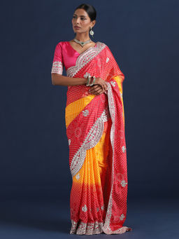 Sareemall - Women chinnon Red Printed Designer Saree With Unstitched Blouse