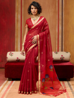 Sareemall - Women Cotton Silk Red Woven Design Designer Saree With Unstitched Blouse