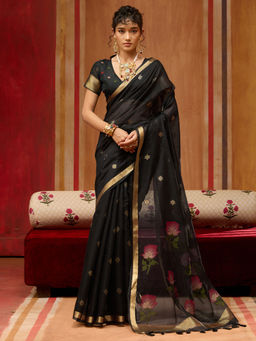 Sareemall - Women Cotton Silk Black Woven Design Designer Saree With Unstitched Blouse