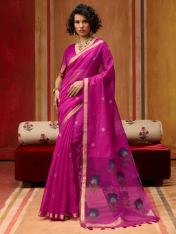 Sareemall - Women Cotton Silk Pink Woven Design Designer Saree With Unstitched Blouse