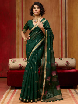Sareemall - Women Cotton Silk Dark Green Woven Design Designer Saree With Unstitched Blouse