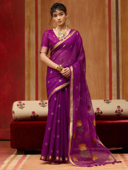 Sareemall - Women Cotton Silk Magenta Woven Design Designer Saree With Unstitched Blouse