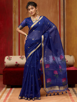 Sareemall - Women Cotton Silk Blue Woven Design Designer Saree With Unstitched Blouse