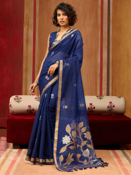 Sareemall - Women Cotton Silk Navy Blue Woven Design Designer Saree With Unstitched Blouse