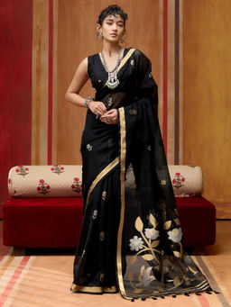 Sareemall - Women Cotton Silk Black Woven Design Designer Saree With Unstitched Blouse
