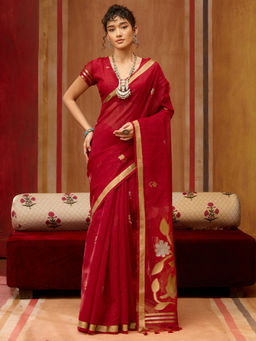 Sareemall - Women Cotton Silk Red Woven Design Designer Saree With Unstitched Blouse