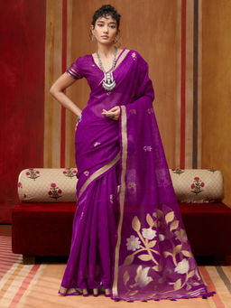 Sareemall - Women Cotton Silk Purple Woven Design Designer Saree With Unstitched Blouse