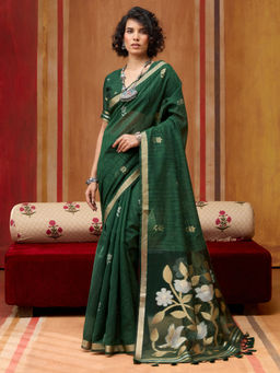 Sareemall - Women Cotton Silk Dark Green Woven Design Designer Saree With Unstitched Blouse