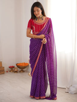 Sareemall - Women Georgette Purple Embellished Designer Saree With Unstitched Blouse