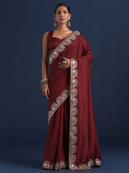 Sareemall - Women Vichitra Silk Maroon Embellished Designer Saree With Unstitched Blouse
