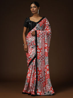 Sareemall - Women Pure Georgette Orange Printed Designer Saree With Unstitched Blouse