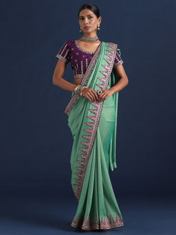 Sareemall - Women Vichitra Silk Aqua Embellished Designer Saree With Unstitched Blouse