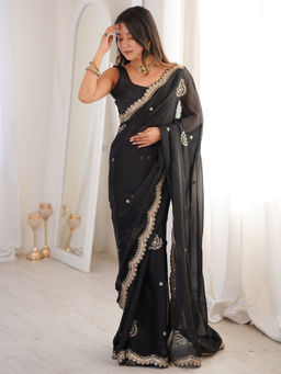 Sareemall - Women Pure Georgette Black Embellished Designer Saree With Unstitched Blouse