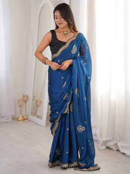 Sareemall - Women Pure Georgette Blue Embellished Designer Saree With Unstitched Blouse