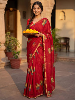 Sareemall - Women Chiffon Red Printed Designer Saree With Unstitched Blouse