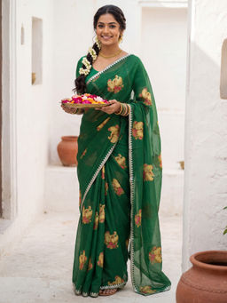 Sareemall - Women Chiffon Green Printed Designer Saree With Unstitched Blouse