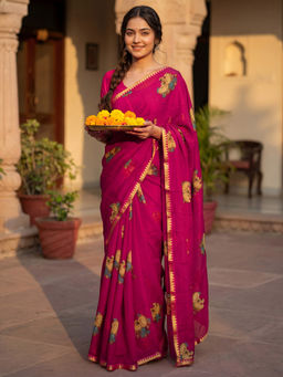 Sareemall - Women Chiffon Pink Printed Designer Saree With Unstitched Blouse