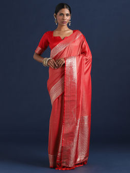 Sareemall - Women Satin Silk Red Woven Design Designer Saree With Unstitched Blouse