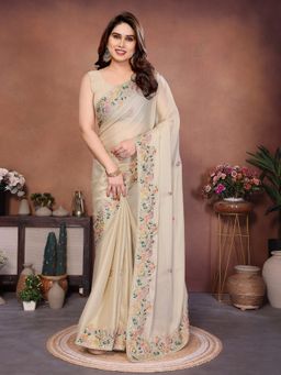 VAIRAGEE - Cream Frendy Chiffon Embroidery Saree with Unstitched Blouse