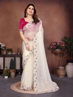 VAIRAGEE - Off white Frendy Chiffon Embroidery Saree with Unstitched Blouse