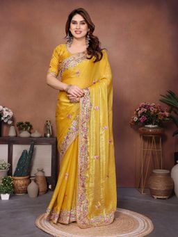 VAIRAGEE - Yellow Frendy Chiffon Embroidery Saree with Unstitched Blouse