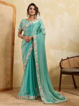 VAIRAGEE - Green Frendy Chiffon Embroidery Saree with Unstitched Blouse