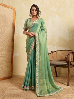 VAIRAGEE - Green Frendy Chiffon Embroidery Saree with Unstitched Blouse