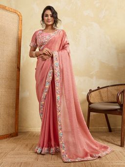 VAIRAGEE - Peach Frendy Chiffon Embroidery Saree with Unstitched Blouse