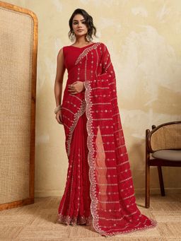 VAIRAGEE - Red Georgette Silk Embroidery Saree with Unstitched Blouse