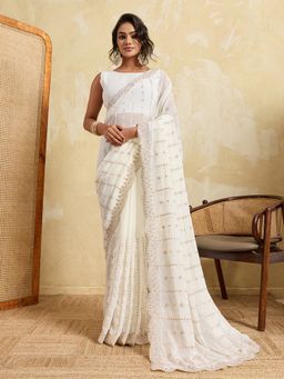 VAIRAGEE - White Georgette Silk Embroidery Saree with Unstitched Blouse