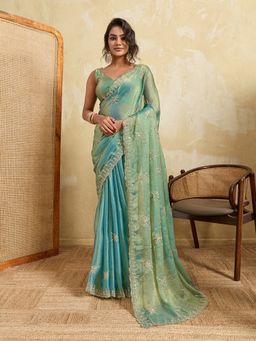 VAIRAGEE - Green Frendy Chiffon Embroidery Saree with Unstitched Blouse