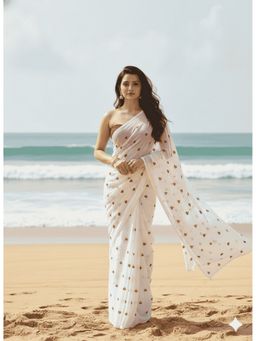 HANDME - White Ready to Wear Dreamy Love Heart Georgette Saree with Unstitched Blouse