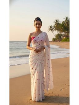 HANDME - White Sensational Heart Pure Mul Cotton Saree with Unstitched Blouse