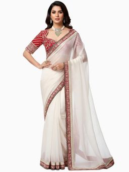 HANDME - White Royal Silk Embroidered Saree with Unstitched Blouse