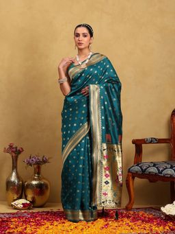 Garden VARELI - Women Silk Blend Woven Design Teal Banarasi Saree with Unstitched Blouse