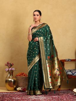 Garden VARELI - Women Silk Blend Woven Design Sea Green Banarasi Saree with Unstitched Blouse