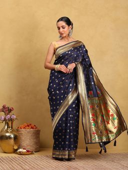 Garden VARELI - Women Silk Blend Woven Design Navy Blue Banarasi Saree with Unstitched Blouse